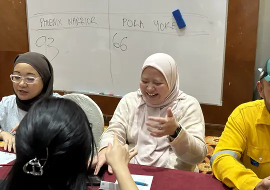 Participants discussing their team's ideas at the table